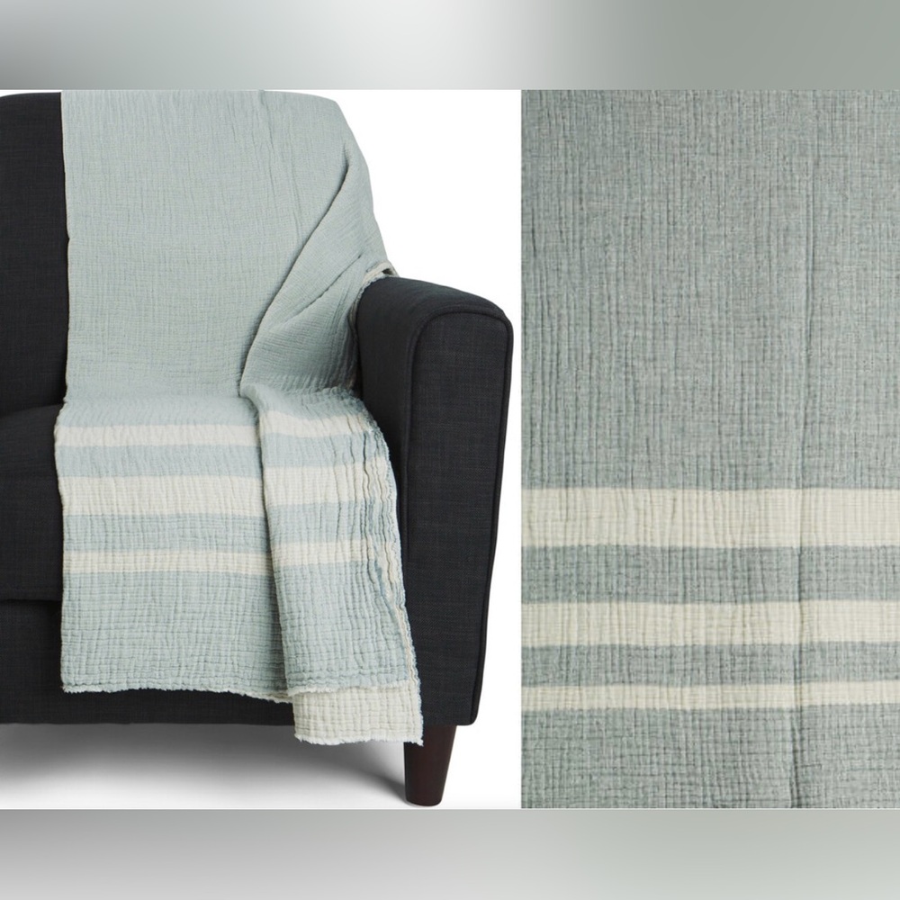 PiuBelle Fine Linens Throw Blanket 100% Cotton Tan /Blue Portugal